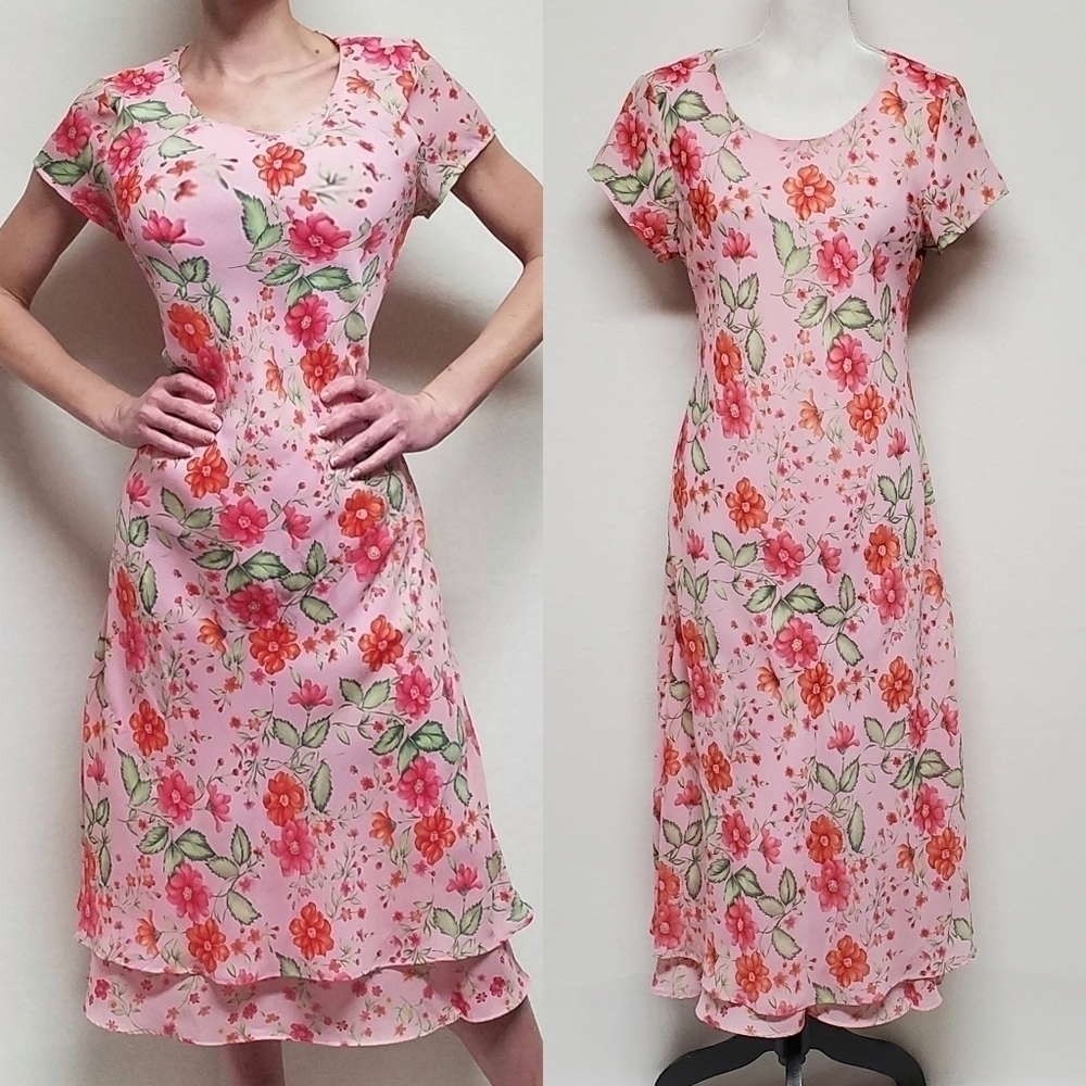 VINTAGE White Stag Orange Pink Floral Tiered Short Sleeve Maxi Summer Dress 12
